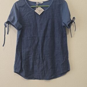 Femme Fatale Linen Blue Short Sleeve Top with Tie Details